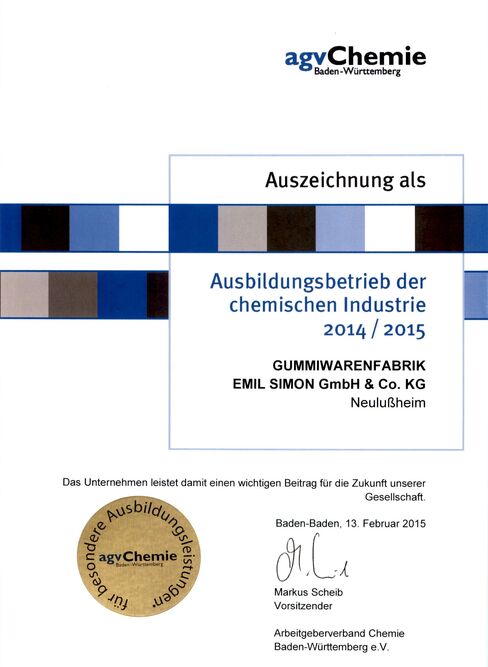 Urkunde Ausbildungsbetrieb der chemischen Industrie 2014/ 2015